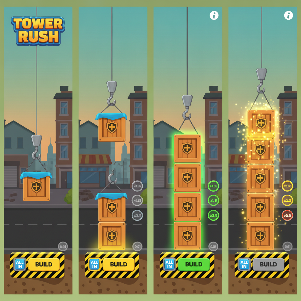 Κατασκευή πύργου Tower Rush — τέσσερα βήματα με γερανό, στοιβαγμένα κουτιά, ενεργό κουμπί BUILD και τρέχοντα πολλαπλασιαστή