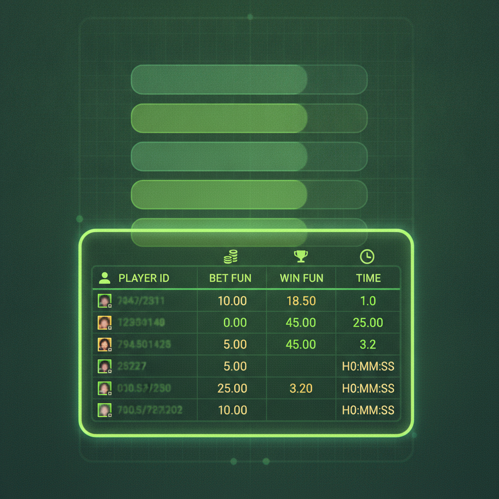 Πίνακας ιστορικού Tower Rush με στατιστικά cashout — στήλες Player ID, Bet FUN, Win FUN και χρονοσήμανση πρόσφατων παρτίδων