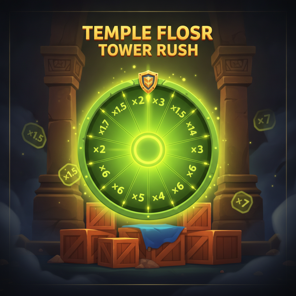 Temple Floor Tower Rush — πράσινη ρόδα 10 τμημάτων με πολλαπλασιαστές ×1,5 έως ×7 σε ανάδειξη