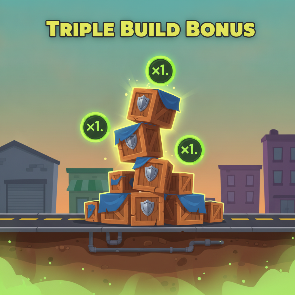 Triple Build Tower Rush — trois étages posés automatiquement en succession rapide avec multiplicateur minimum garanti ×1 par étage